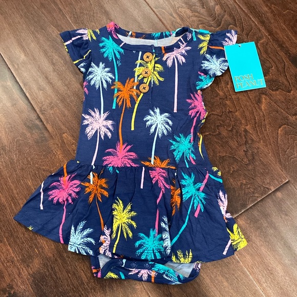 Posh Peanut Palm Tree Print Ruffled Cap sleeve Bodysuit Twirl Dress 12-18m NWT - Picture 1 of 5